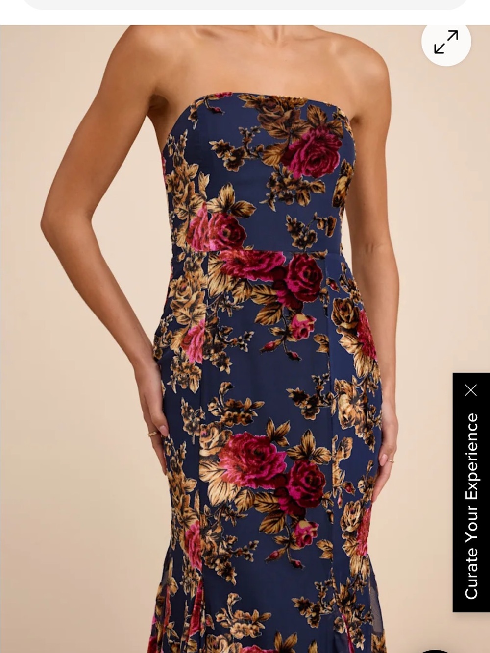 Lulu's Navy Strapless Floral Gown with Pink and Gold Blooms